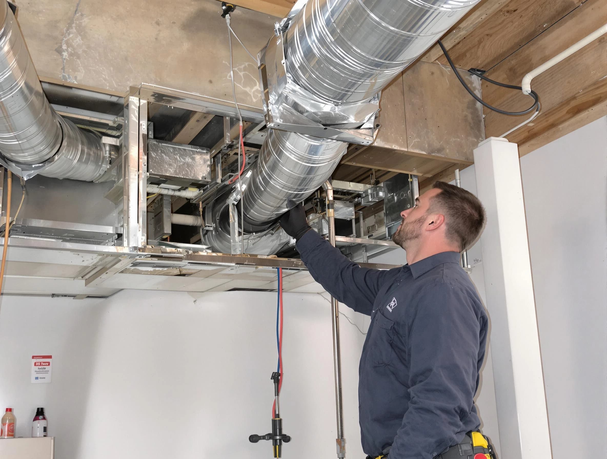 Brockton Air Duct Cleaning technician performing professional air duct repair using specialized tools in Brockton