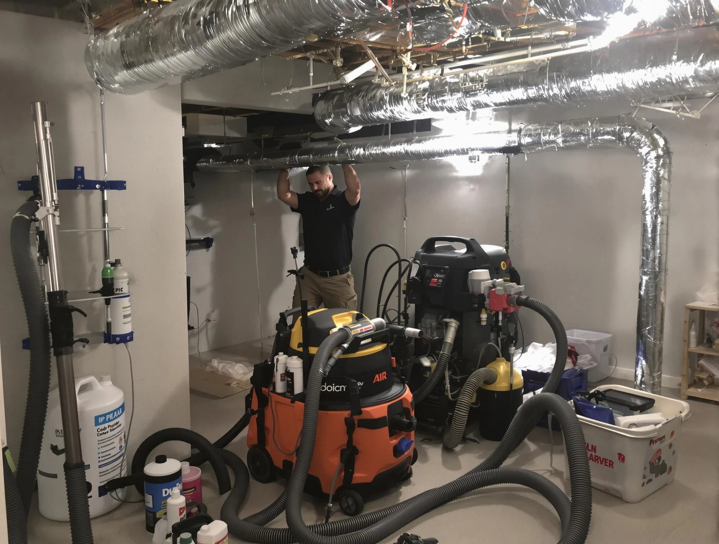 Brockton Air Duct Cleaning specialist performing professional mold removal from air ducts using safety equipment in Brockton